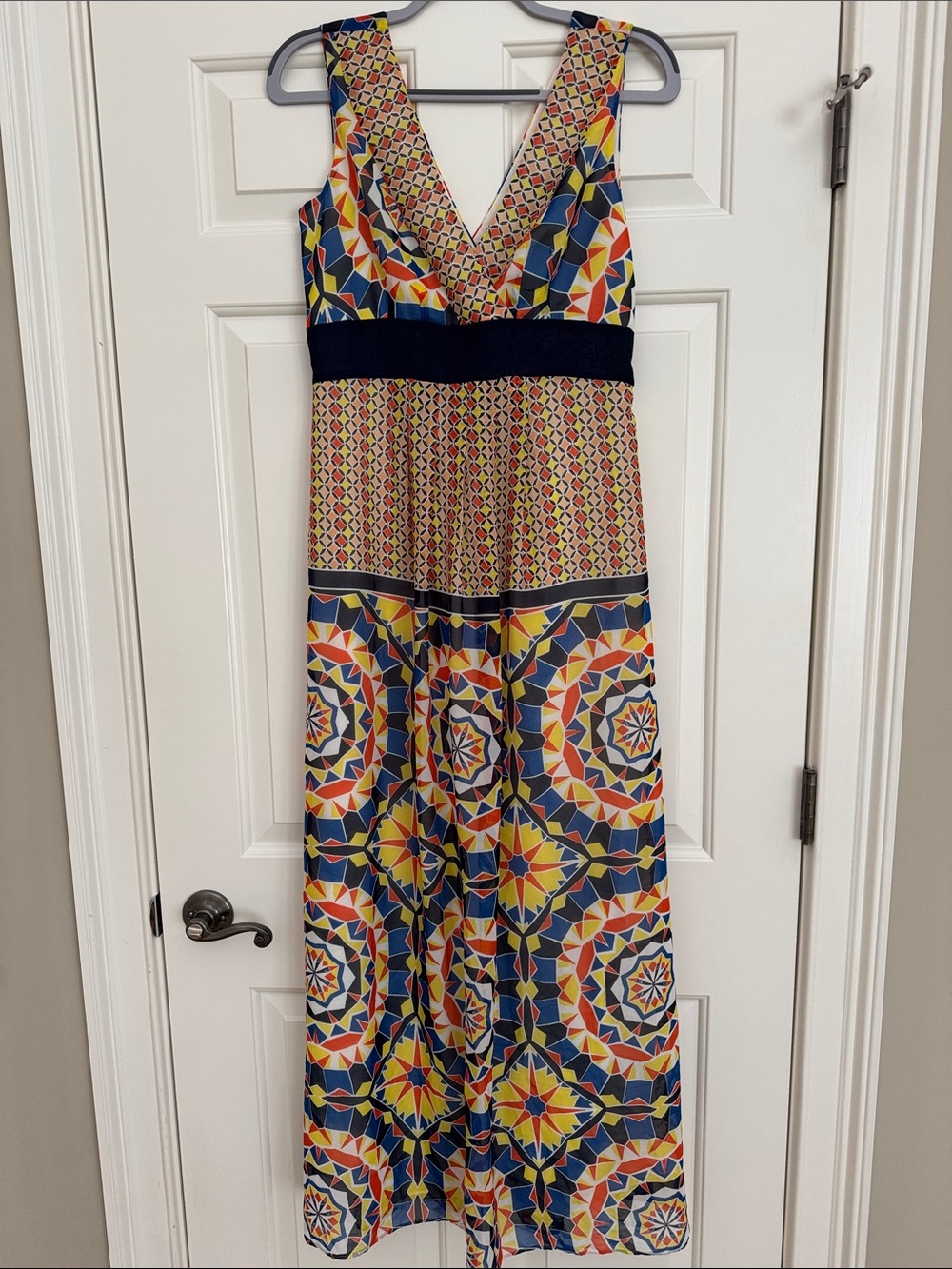 Ann Taylor V-Neck Maxi Dress in Navy, Yellow & Orange Print 4